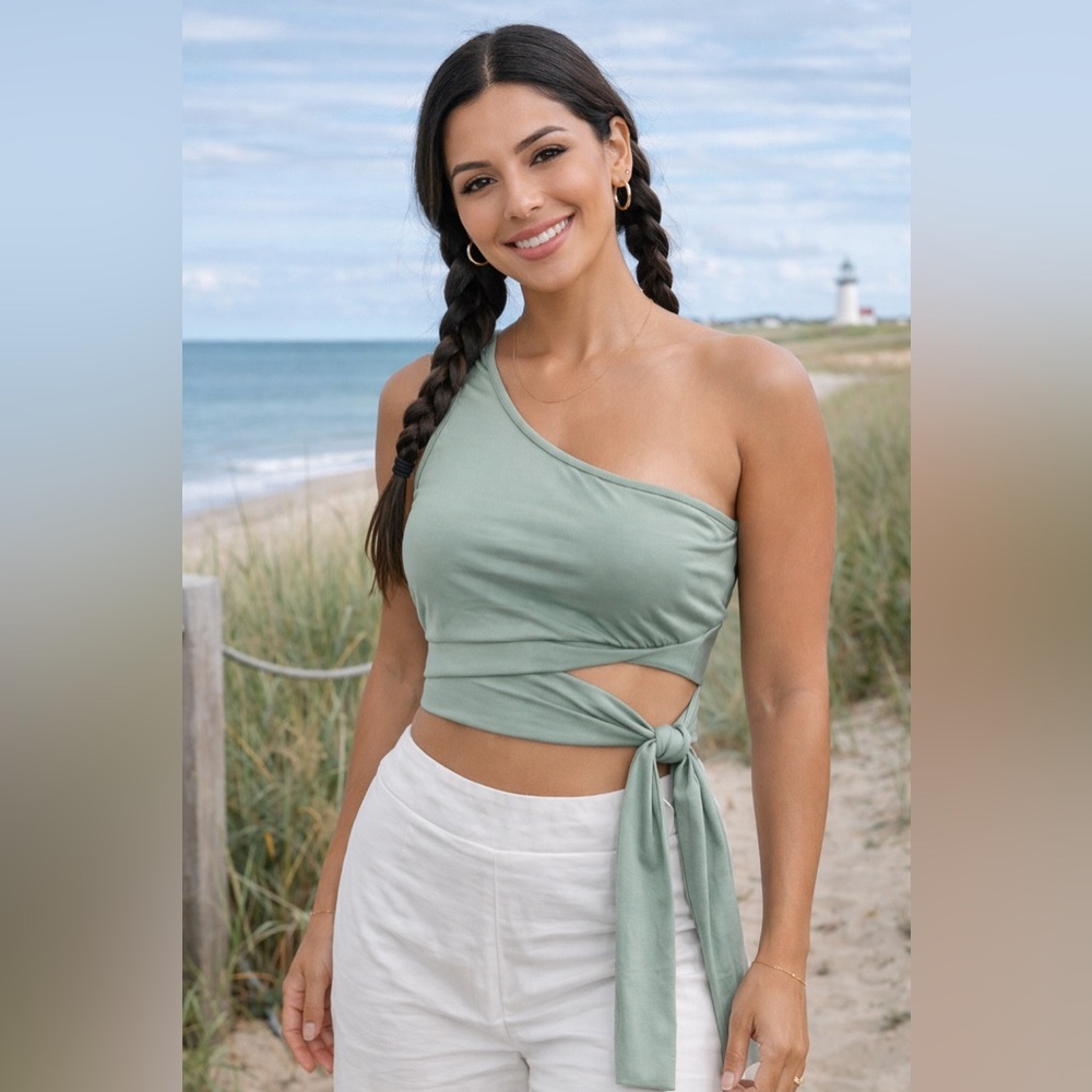 Love J green crop top one shoulder asymmetrical summer party